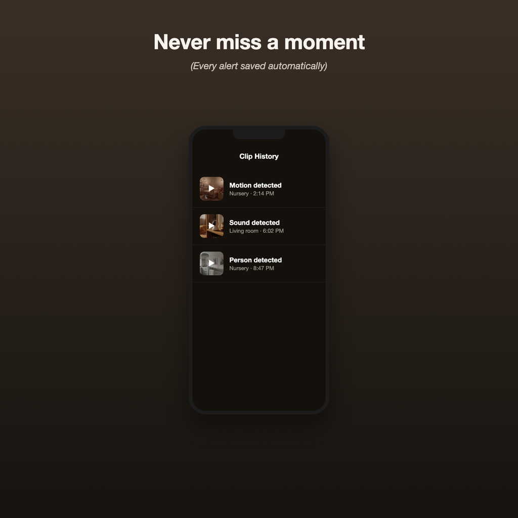 Nookcam app clip history showing saved alerts