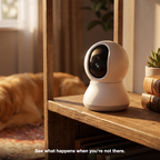 Nookcam on a shelf at home with a dog resting nearby
