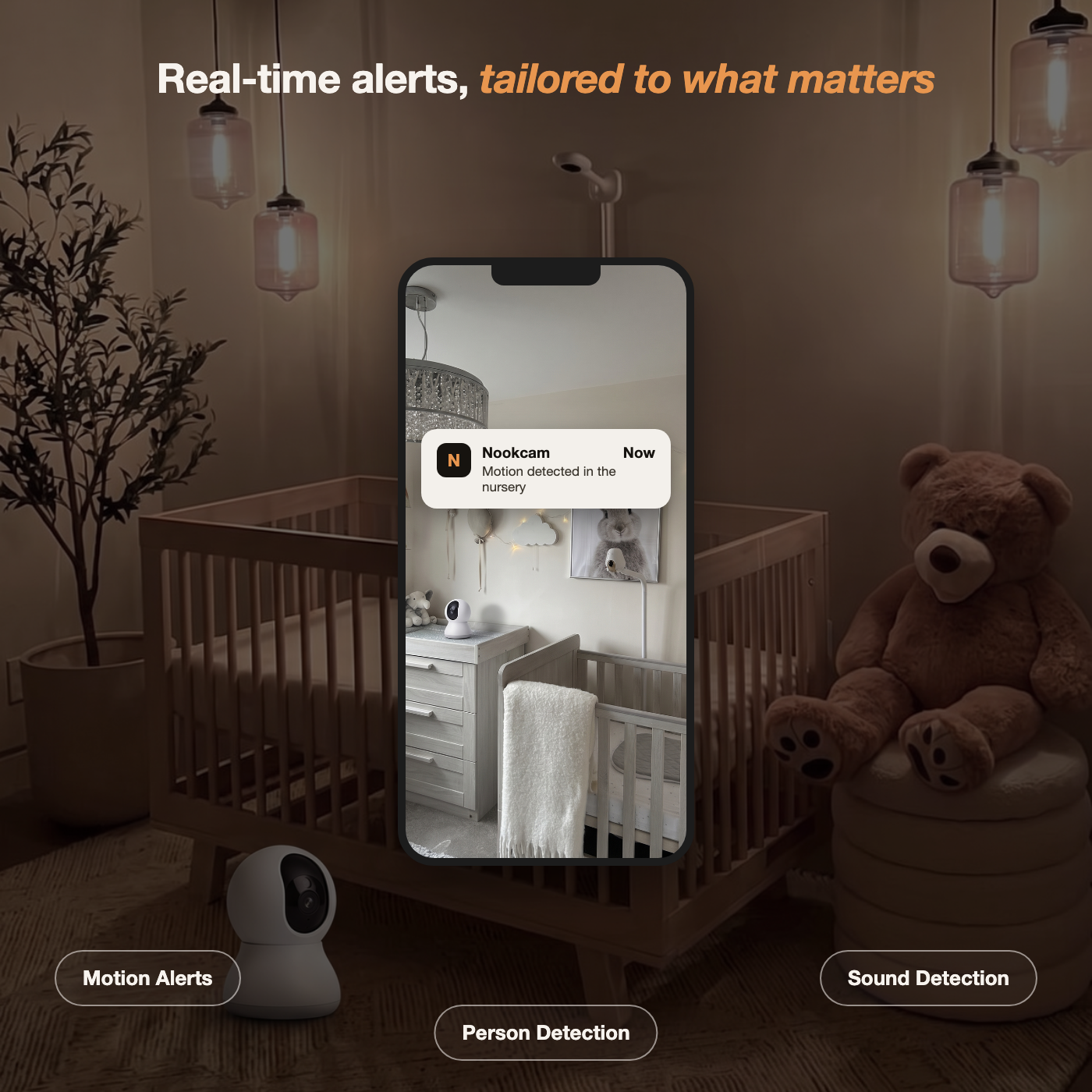 Real time motion and sound alerts from the Nookcam app