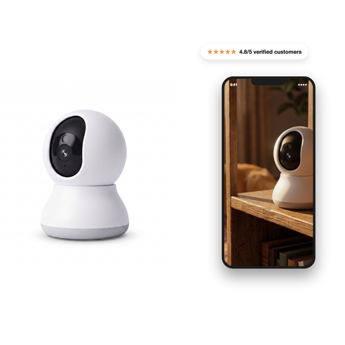 Nookcam camera next to a phone showing the live view, white studio background